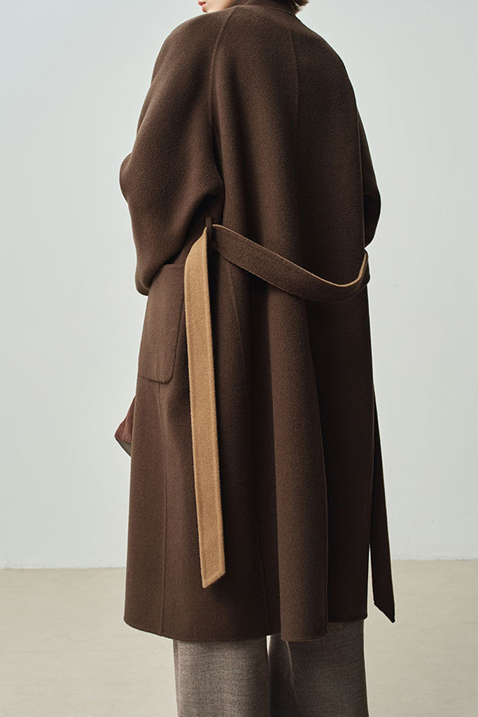Double-Faced Wool-Cashmere Long Funnel Neck Coat  Fibflx