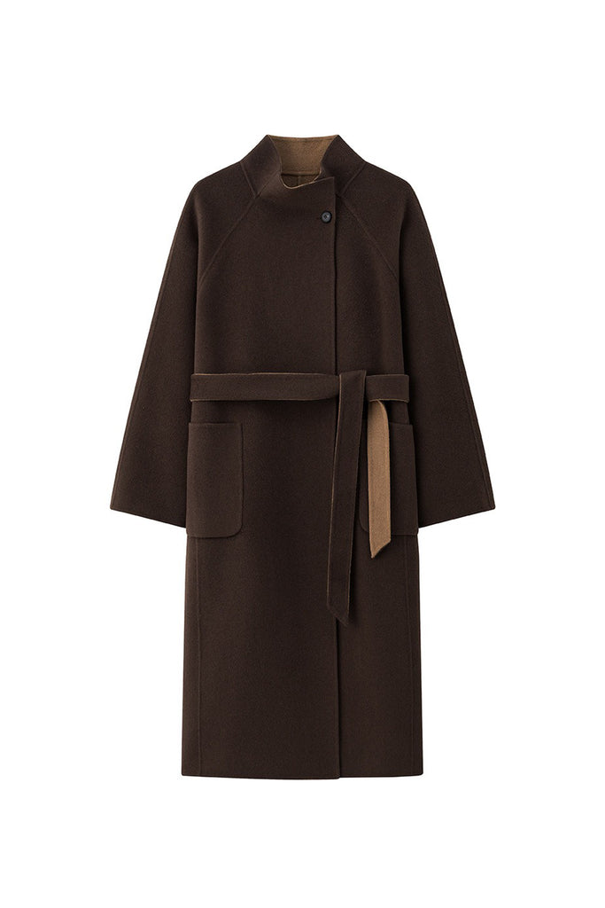 Double-Faced Wool-Cashmere Long Funnel Neck Coat  Fibflx