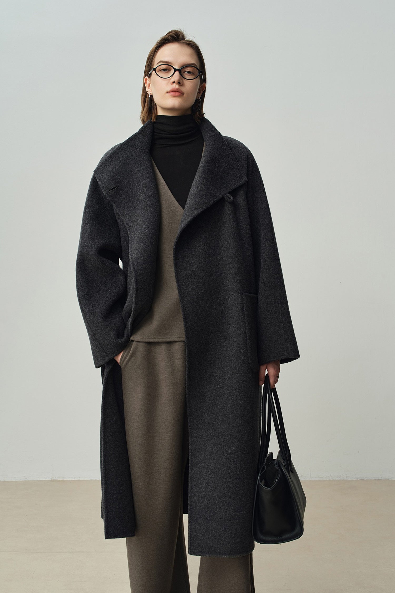 Women's Wool Cashmere Coat | Funnel Neck, Double-Faced Detail - Fibflx
