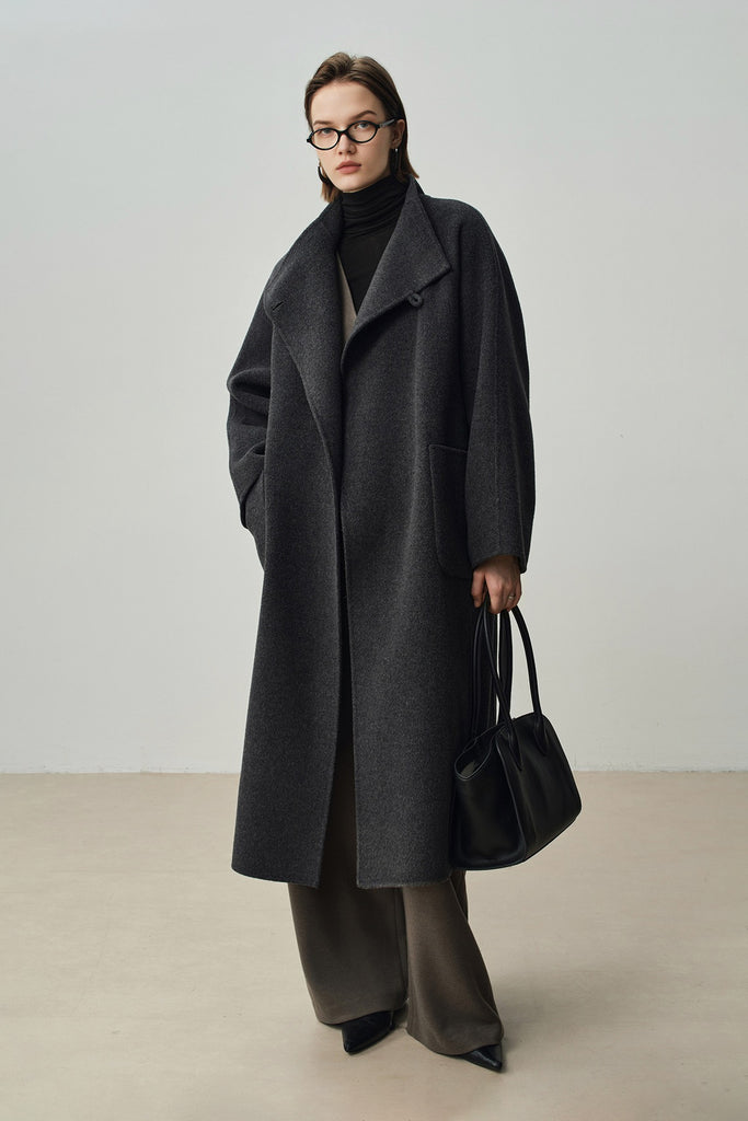Double-Faced Wool-Cashmere Long Funnel Neck Coat  Fibflx