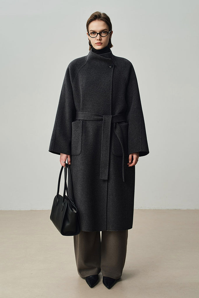 Double-Faced Wool-Cashmere Long Funnel Neck Coat  Fibflx