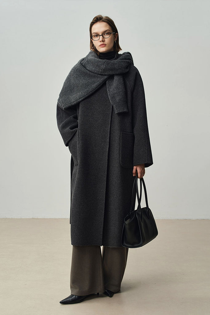 Double-Faced Wool-Cashmere Long Funnel Neck Coat  Fibflx