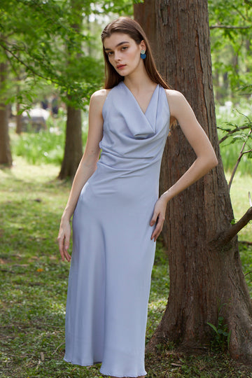 Dusty Blue Cowl-Neck Sleeveless Midi Dress - Fibflx