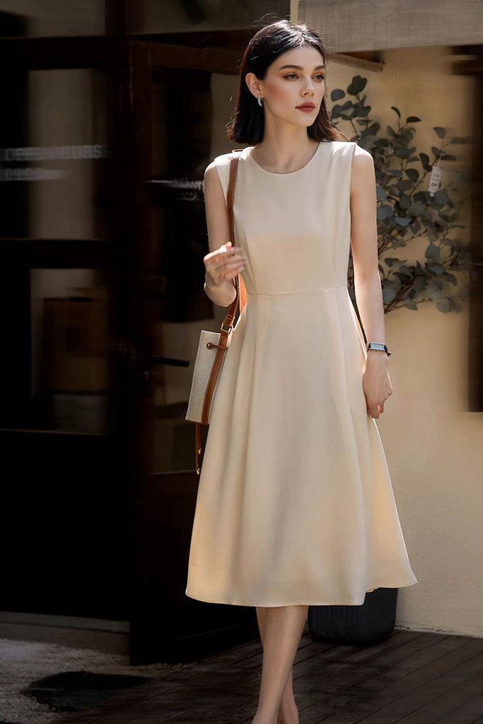 Elegant Acetate Sleeveless Fit & Flare Midi Dress Chantilly White / M Fibflx