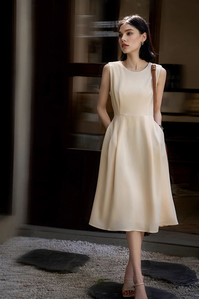 Elegant Acetate Sleeveless Fit & Flare Midi Dress  Fibflx