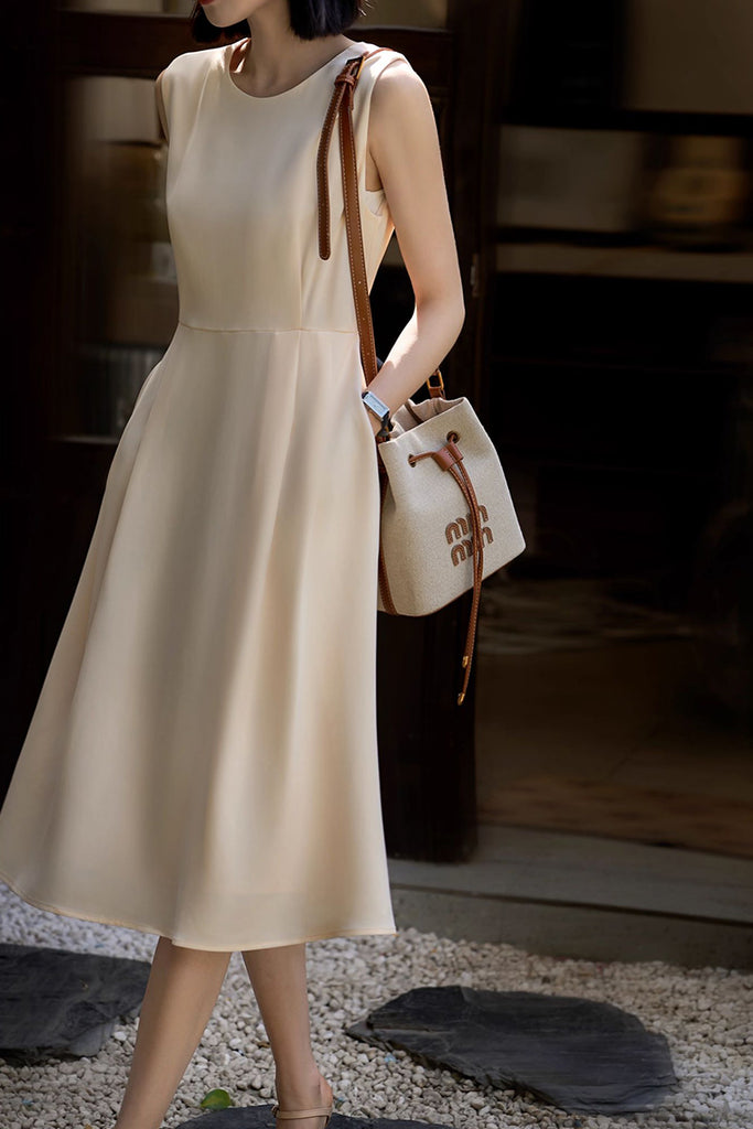 Elegant Acetate Sleeveless Fit & Flare Midi Dress  Fibflx