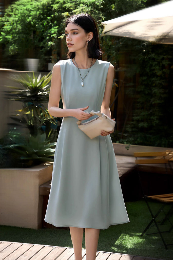 Elegant Acetate Sleeveless Fit & Flare Midi Dress  Fibflx