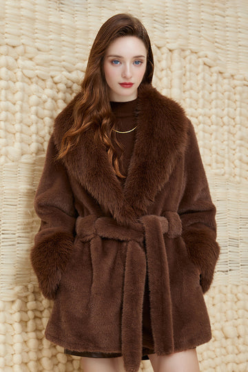 Fibflx Women's Elegant Belted Faux Fur Coat with Lapel Collar