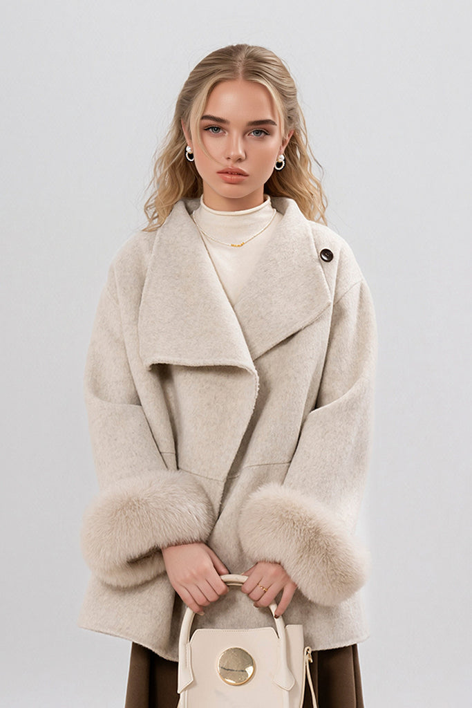 Fibflx Women's Elegant Double-Faced Wool Coat with Real Fox Fur Cuffs