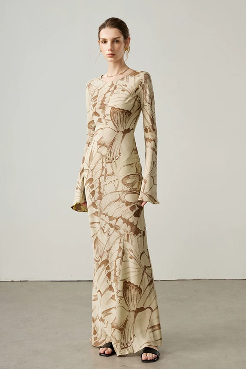 Elegant Silk Floral Long Sleeve Maxi Dress Oak Beige / S