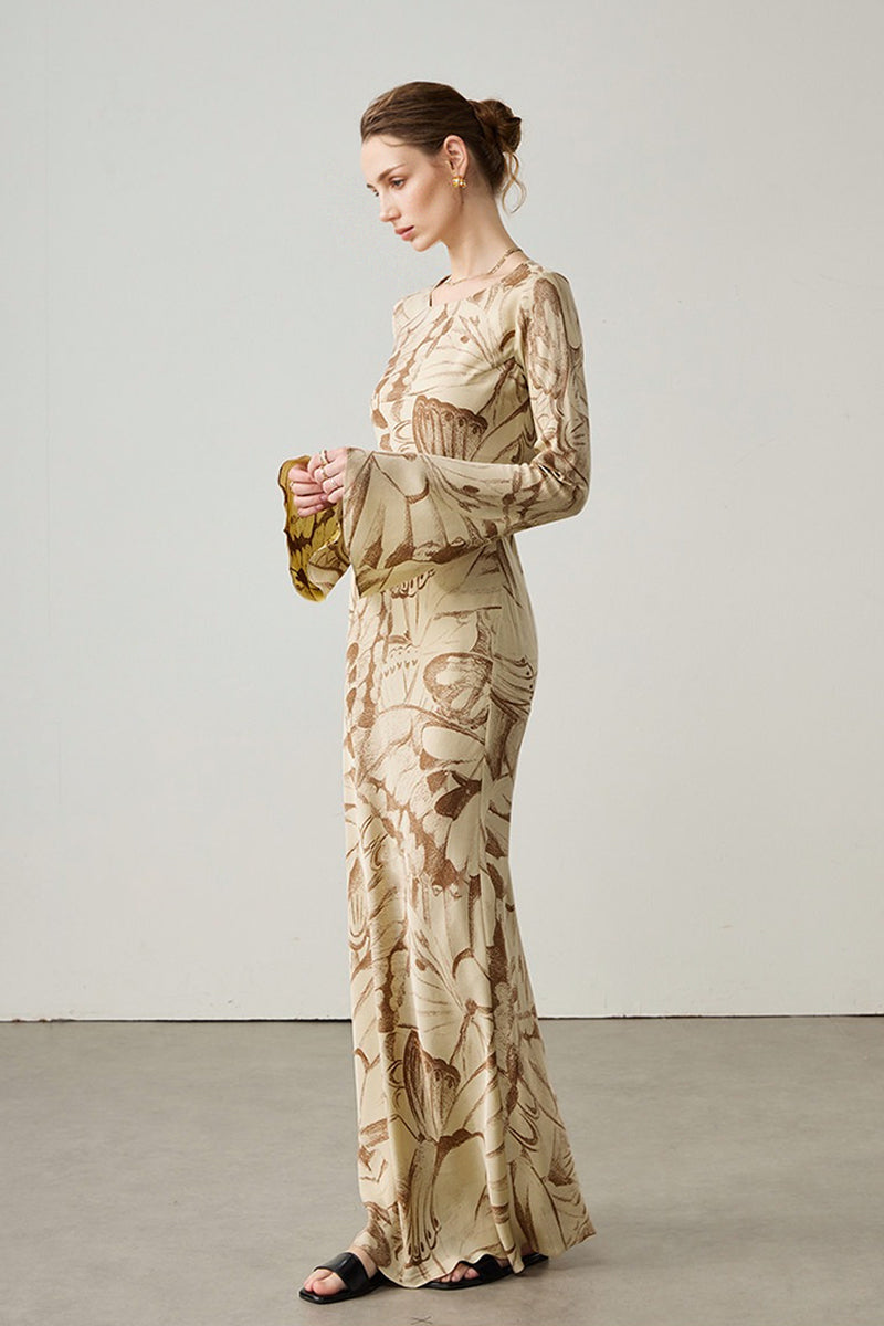 Elegant Silk Floral Long Sleeve Maxi Dress Oak Beige / S