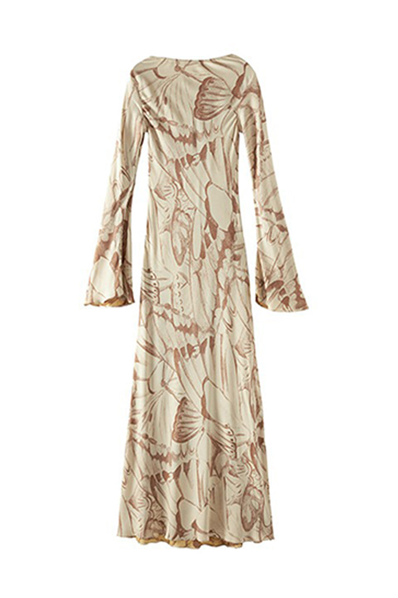 Elegant Silk Floral Long Sleeve Maxi Dress Oak Beige / S