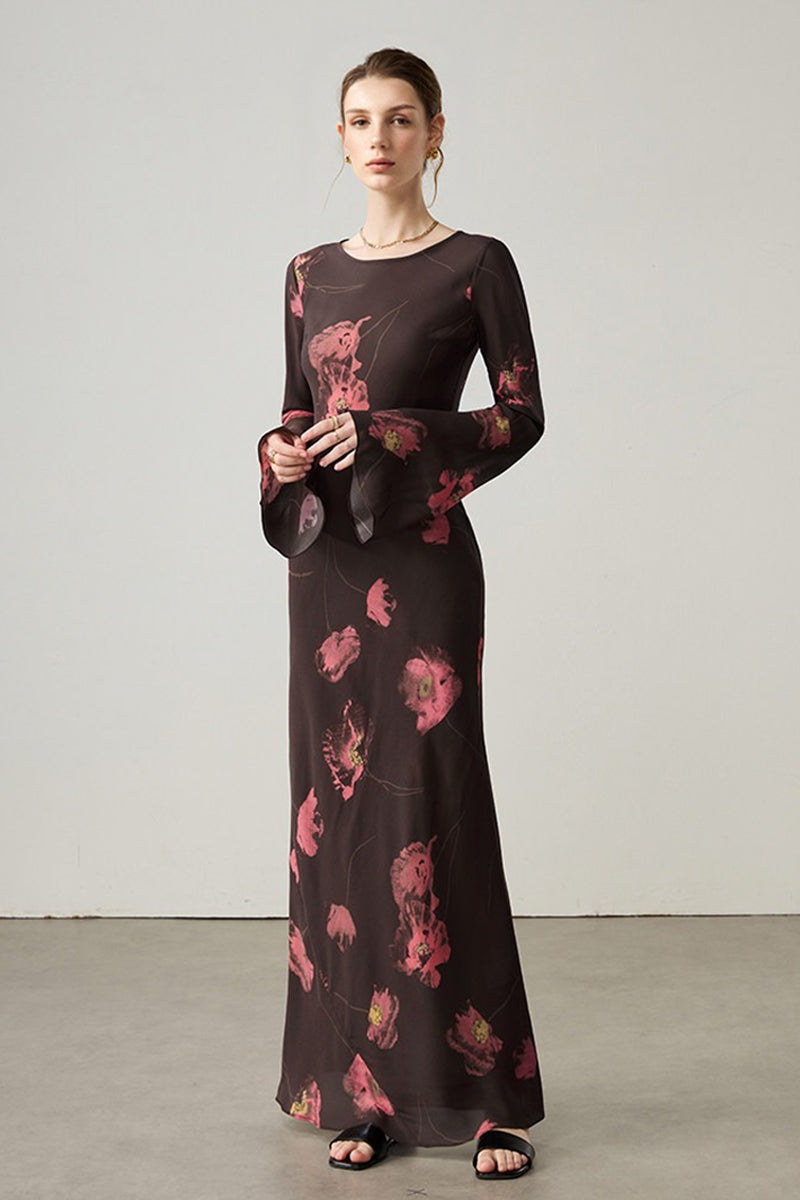 Elegant Silk Floral Long Sleeve Maxi Dress Oak Beige / S