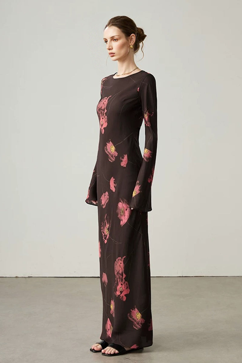 Elegant Silk Floral Long Sleeve Maxi Dress Oak Beige / S