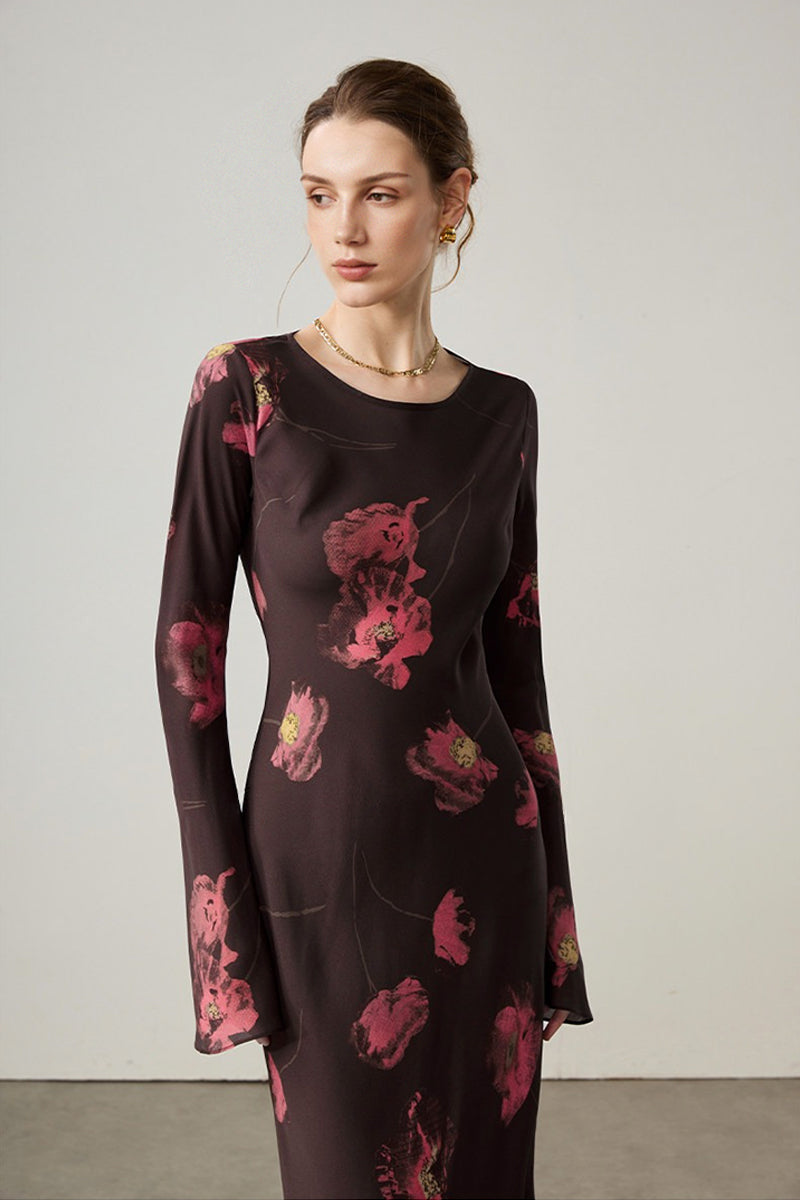 Elegant Silk Floral Long Sleeve Maxi Dress Oak Beige / S