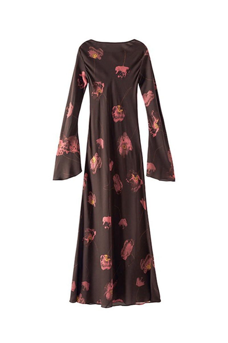 Elegant Silk Floral Long Sleeve Maxi Dress Oak Beige / S