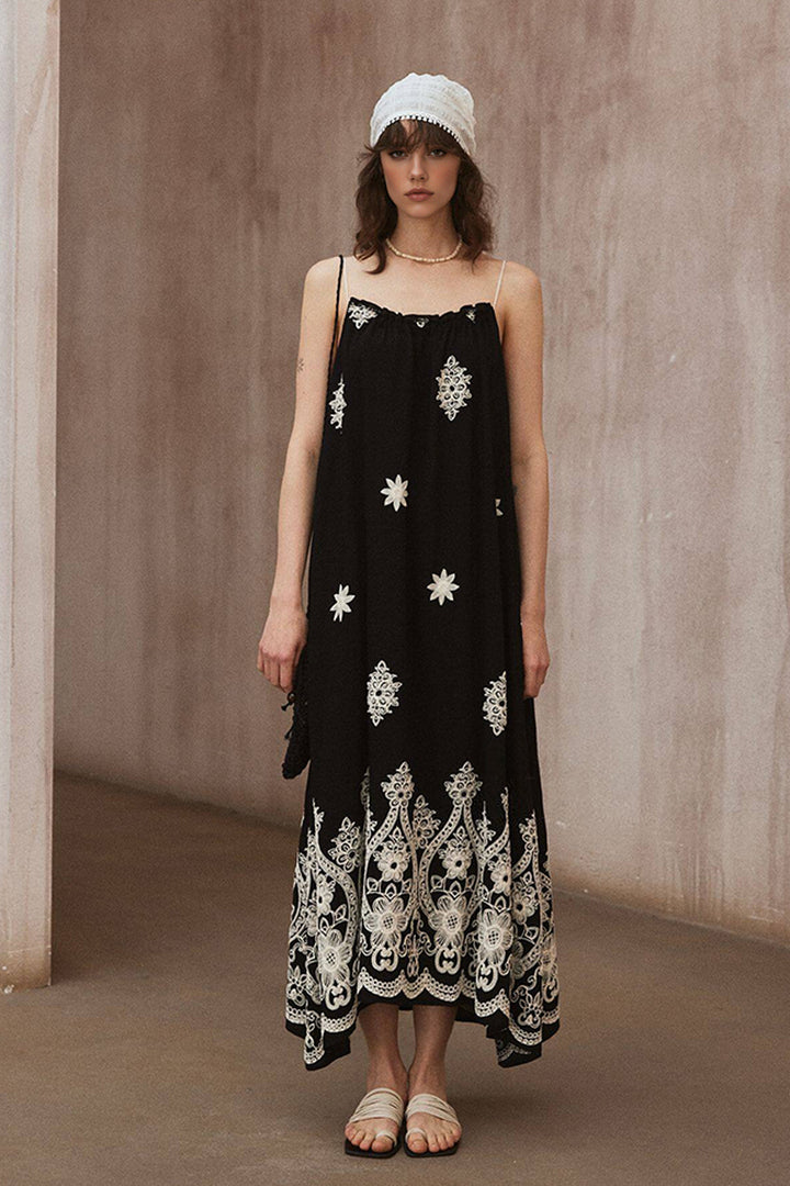 Embroidered Floral Spaghetti Strap Flowy Maxi Dress Black / One Size