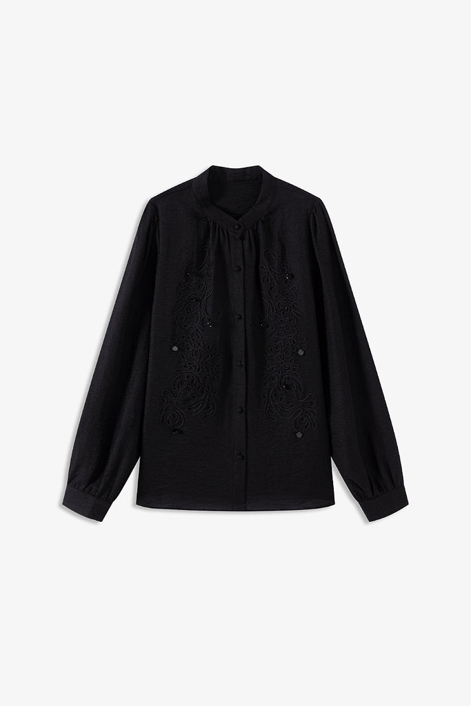 Embroidered Lyocell-Linen Button-Down Blouse L / Black / 65% Lyocell 25% Nylon 10% Linen Fibflx