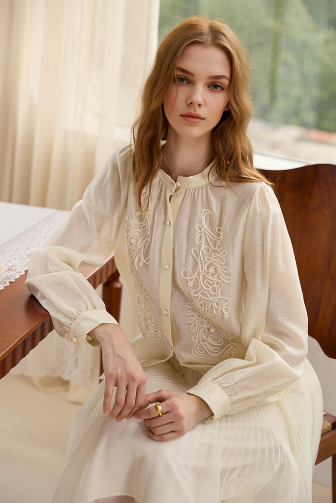 Embroidered Lyocell-Linen Button-Down Blouse  Fibflx
