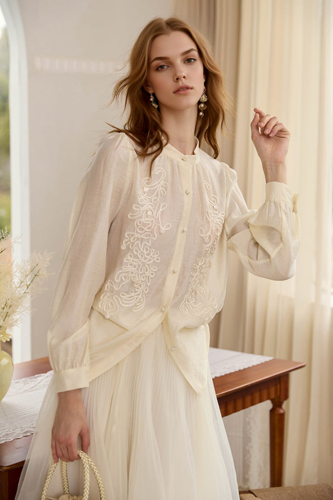 Embroidered Lyocell-Linen Button-Down Blouse  Fibflx