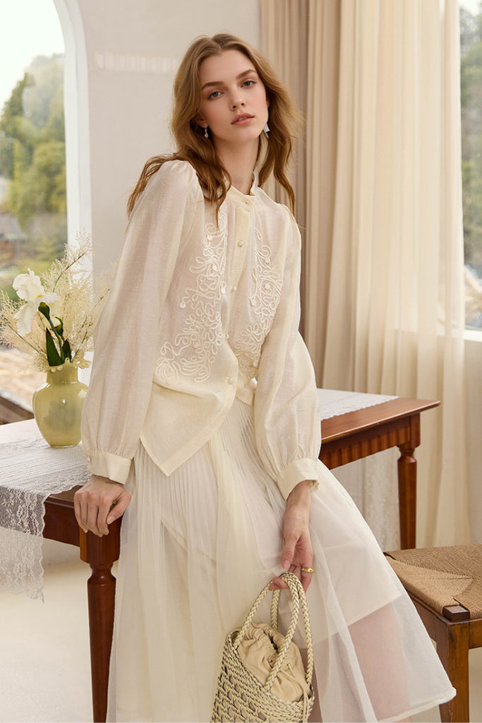 Embroidered Lyocell-Linen Button-Down Blouse  Fibflx