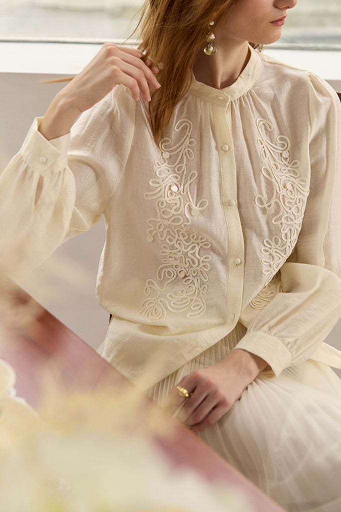 Embroidered Lyocell-Linen Button-Down Blouse  Fibflx