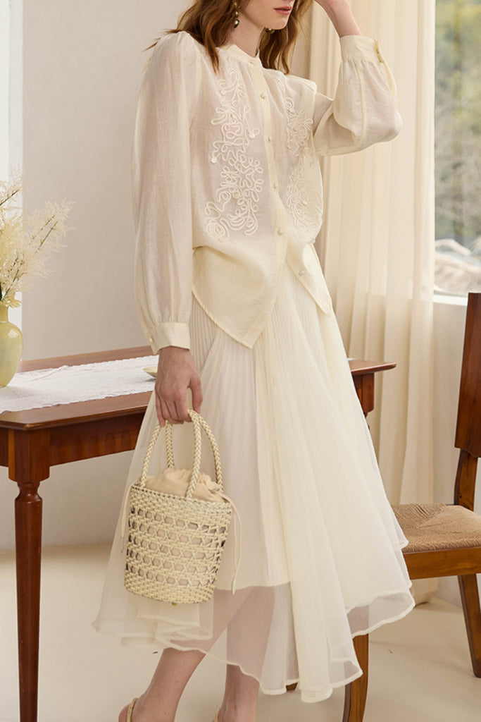 Embroidered Lyocell-Linen Button-Down Blouse  Fibflx