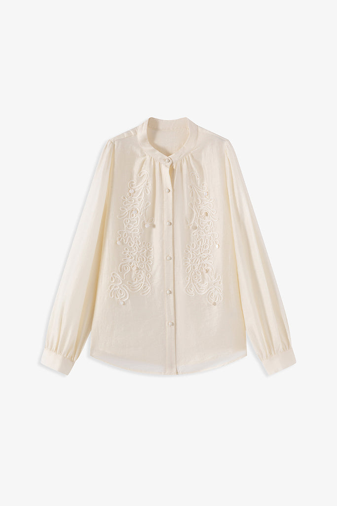 Embroidered Lyocell-Linen Button-Down Blouse  Fibflx