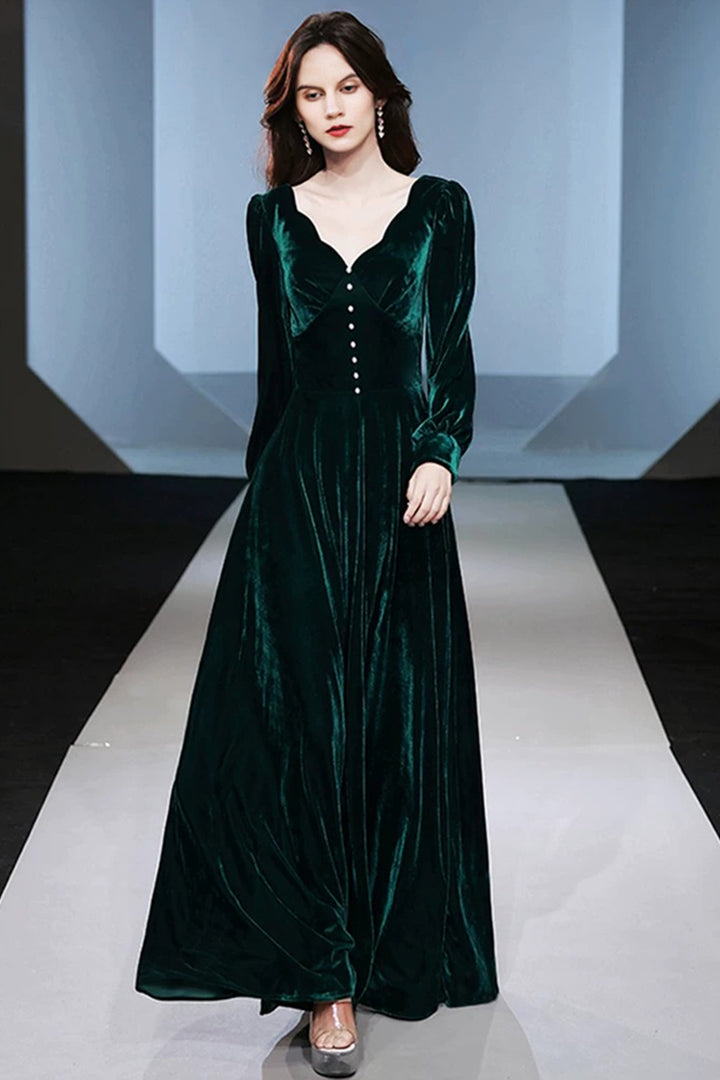 Emerald Green Velvet Long Sleeve V-Neck Maxi Dress Glass Green / XL
