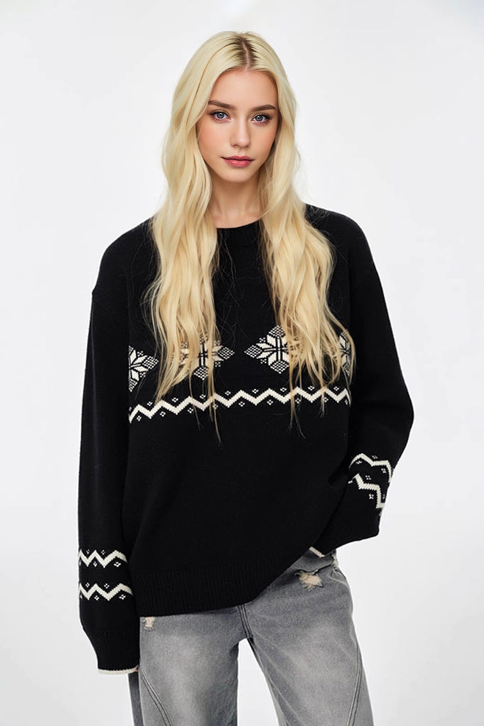 Fibflx Women's Fair Isle Relaxed Fit Crewneck Sweater