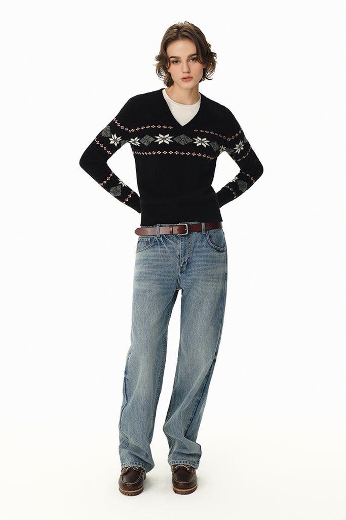 Fair Isle Relaxed Fit -Neck Sweater  Fibflx