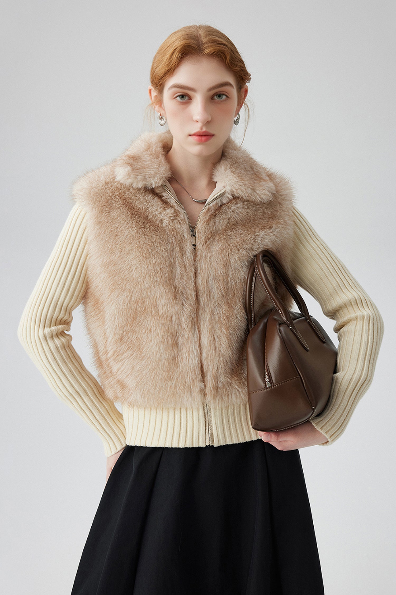 Women¡¯s Faux Fur Jacket with Ribbed Knit Sleeves | Soft Short