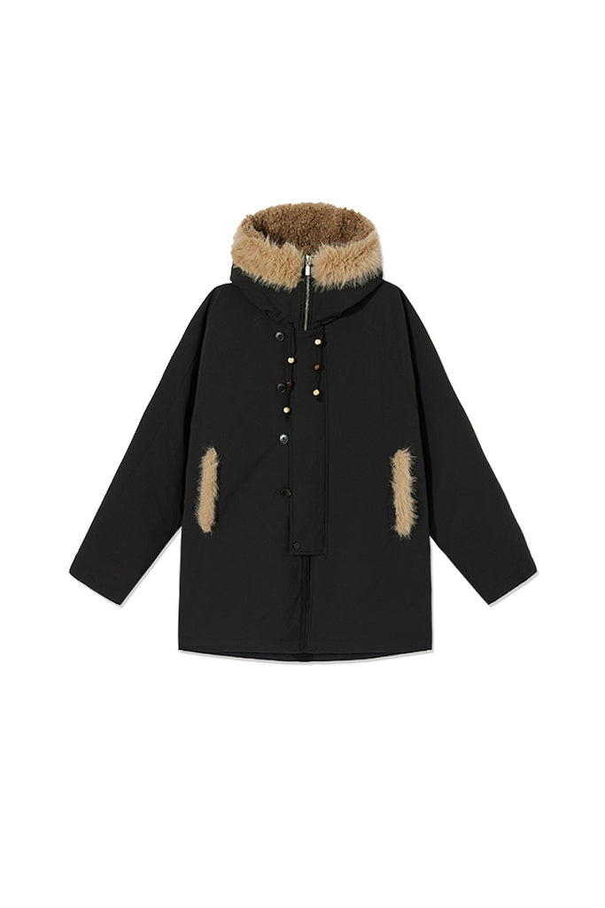 Mid-Length Hooded Parka Jacket with Faux Fur Trims L / Black / 100% Recycled Polyester Fibflx