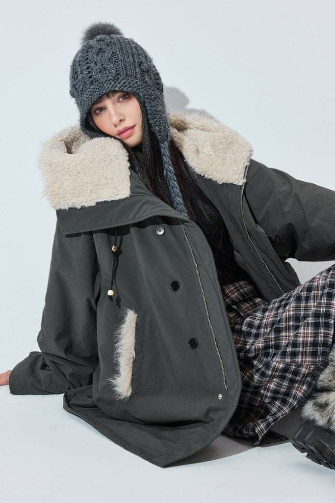 Fibflx Women's Mid-Length Hooded Parka Jacket with Faux Fur Trims