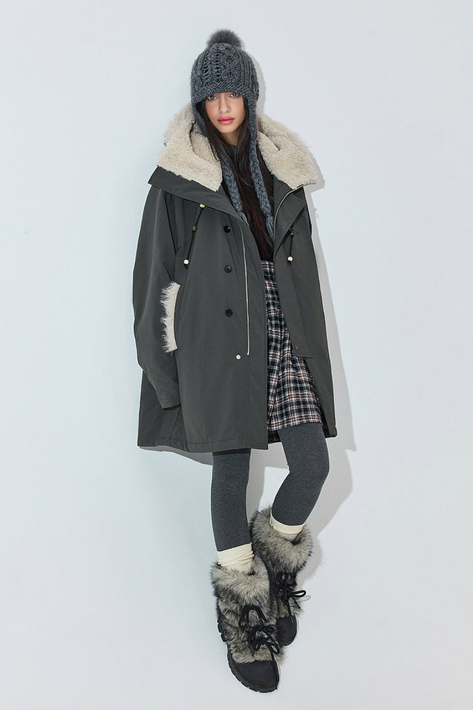 Mid-Length Hooded Parka Jacket with Faux Fur Trims  Fibflx