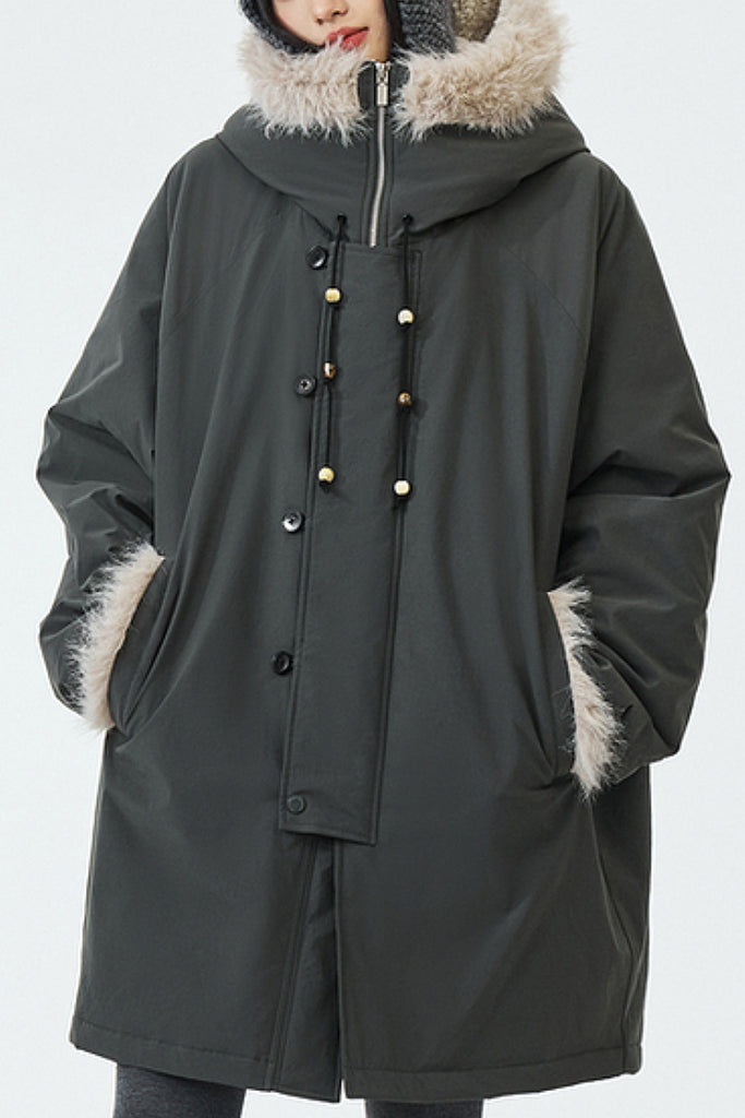 Mid-Length Hooded Parka Jacket with Faux Fur Trims  Fibflx