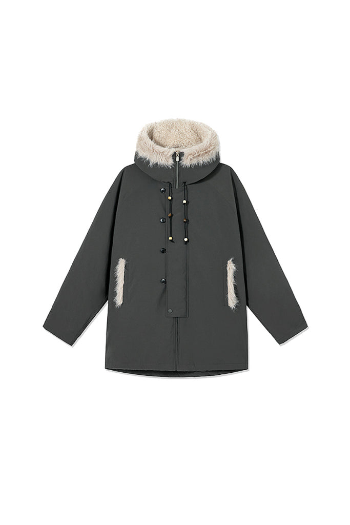 Mid-Length Hooded Parka Jacket with Faux Fur Trims  Fibflx