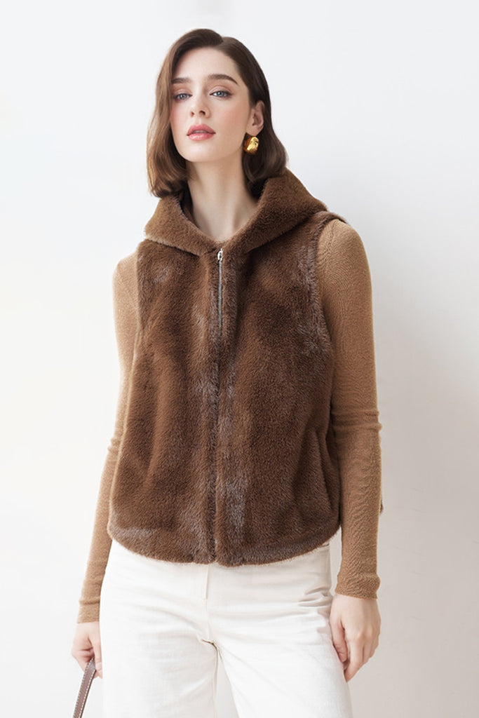 Fibflx Women's Faux Fur Zip-Up Hooded Vest