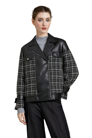 Fibflx Women's Faux Leather & Tweed Biker Jacket in Black