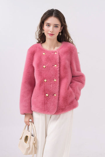 Fibflx Women's Faux Mink Fur Double Breasted Collarless Jacket