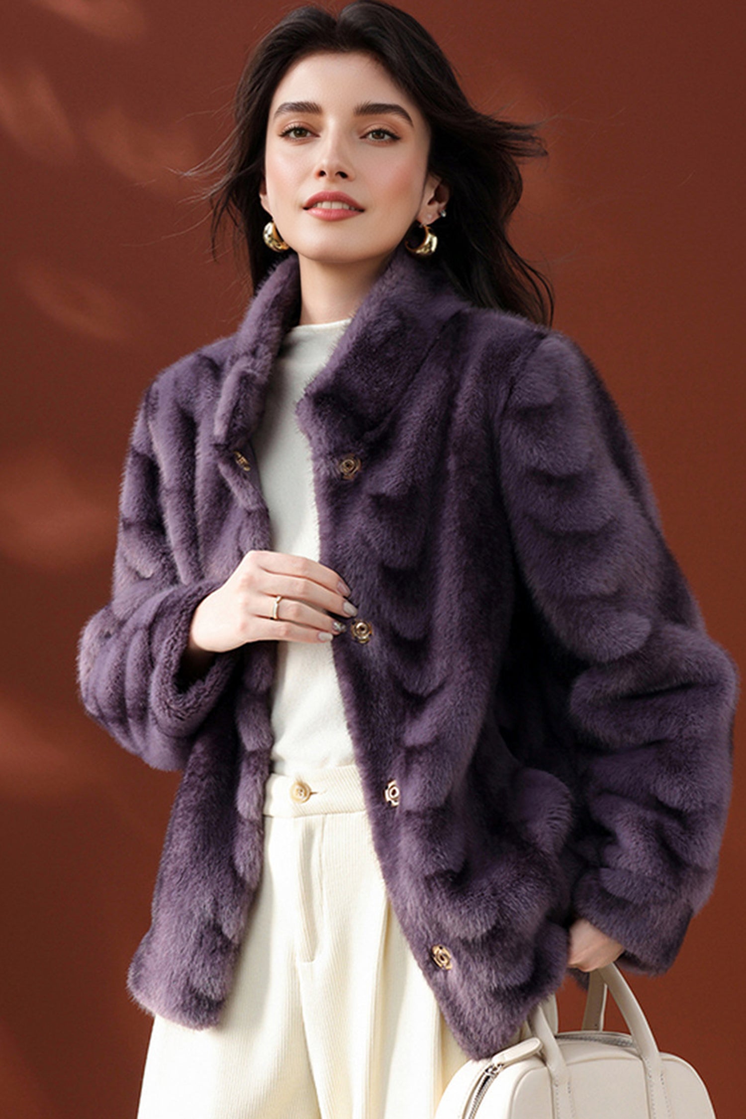 F/FUR STAND COLLAR ジャケット Relaxed Faux Fur Jacket with Stand Collar | Refined Cold-Weather