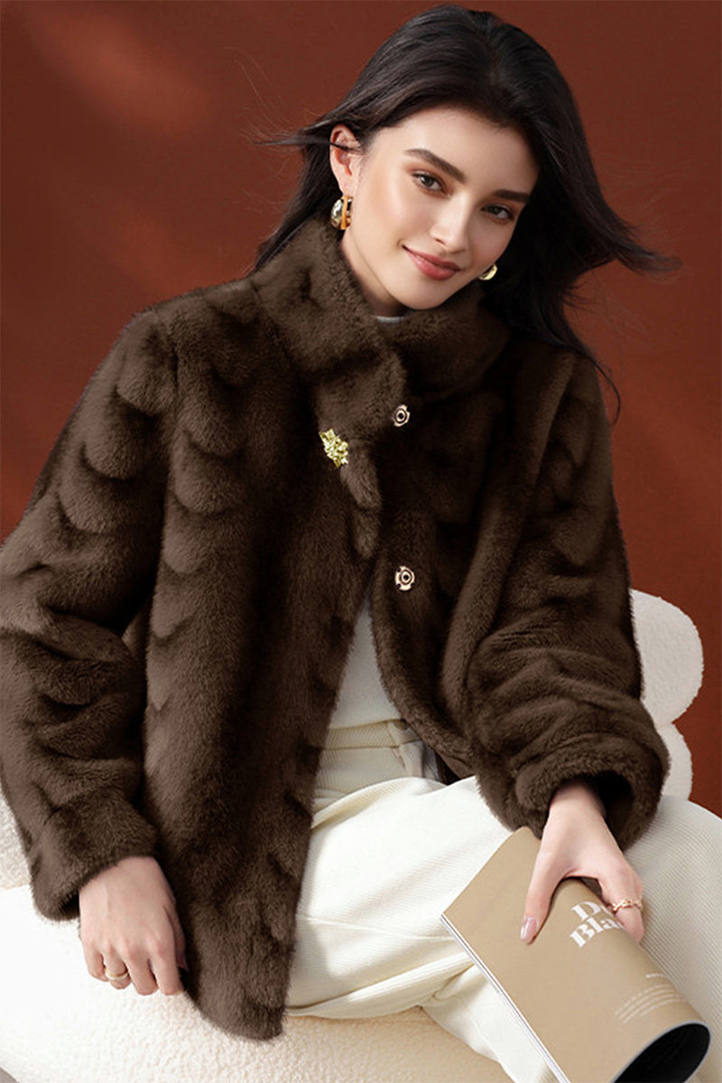 Relaxed Faux Fur Jacket with Stand Collar | Refined Cold-Weather