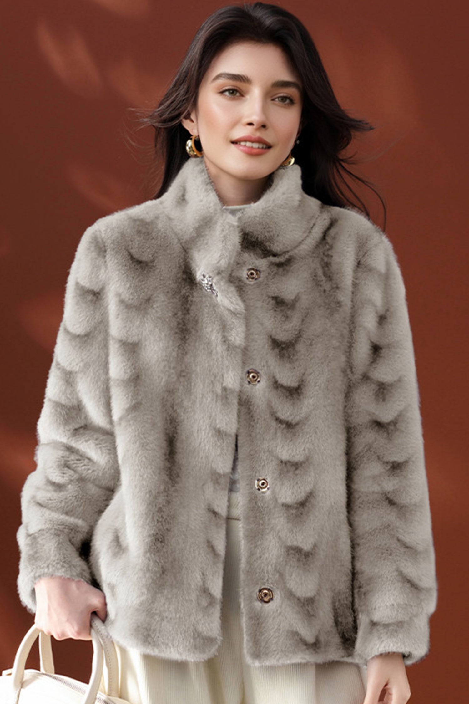Relaxed Faux Fur Jacket with Stand Collar | Refined Cold-Weather