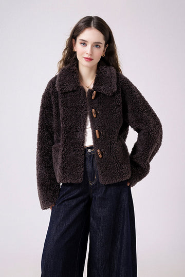 Fibflx Women's Faux Shearling Teddy Wool Toggle Jacket