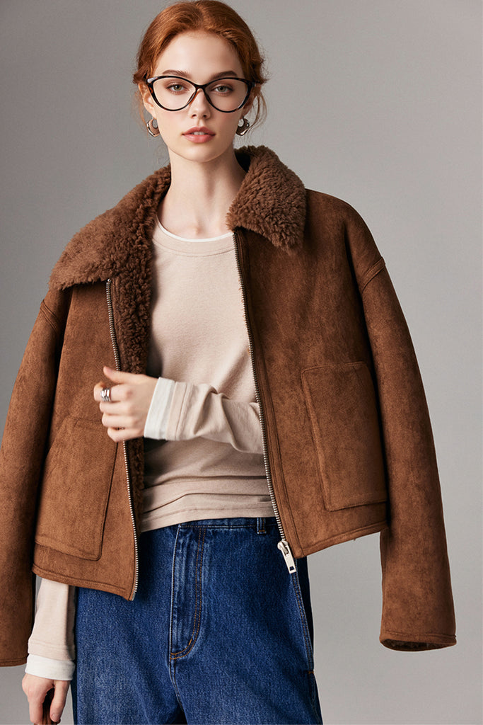 Faux Suede Shearling Crop Zip-Up Jacket Chocolate Brown / XL Fibflx