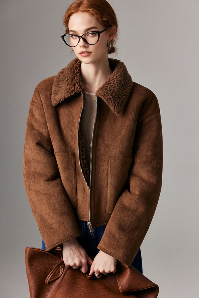 Faux Suede Shearling Crop Zip-Up Jacket  Fibflx