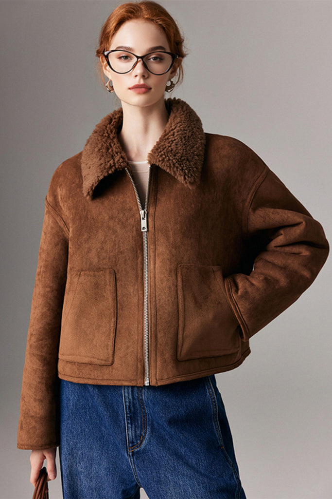 Faux Suede Shearling Crop Zip-Up Jacket  Fibflx