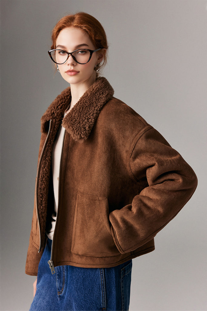 Faux Suede Shearling Crop Zip-Up Jacket  Fibflx