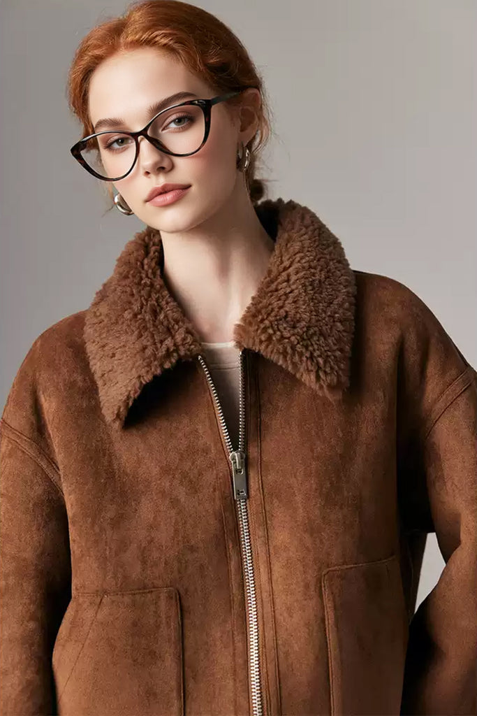Faux Suede Shearling Crop Zip-Up Jacket  Fibflx