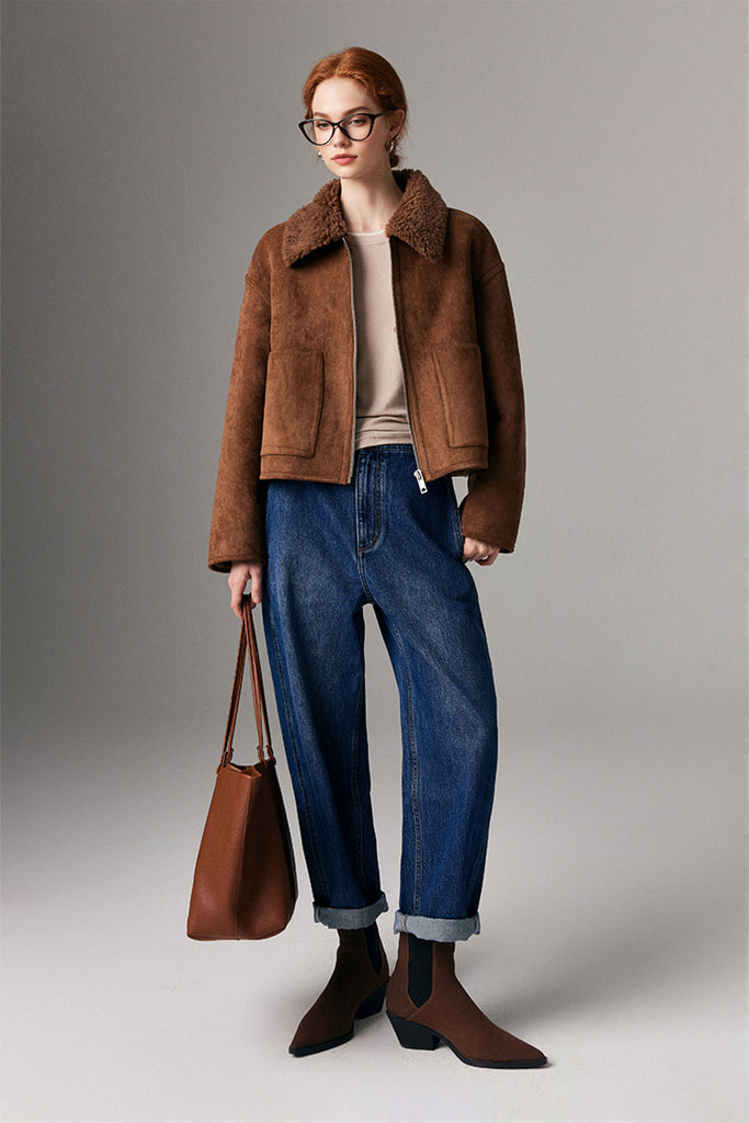 Faux Suede Shearling Crop Zip-Up Jacket  Fibflx